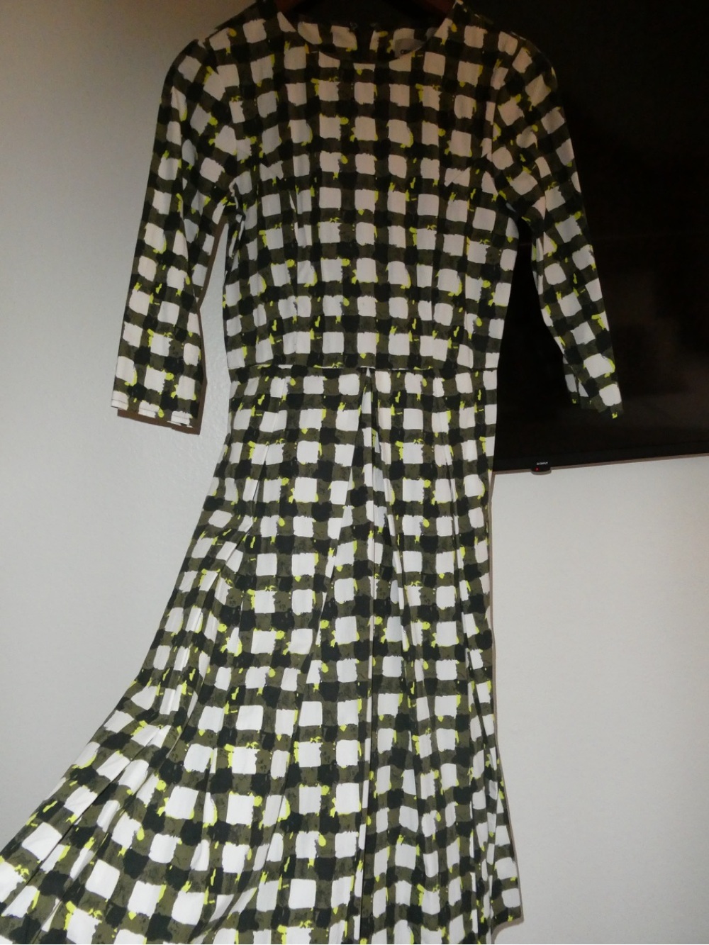 ASOS Black, White & Lime Check Fit-and-Flare Long Sleeve Dress